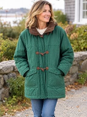 VINTAGE 90’s London Fog Mid-Weight Green Toggle Coat with Detachable Hood, Sz M